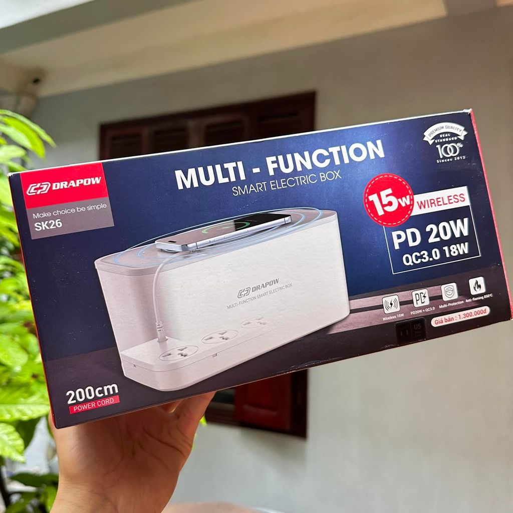 Hộp ổ điện thông minh Drapow SK26, 5 ổ cắm 220v, cổng sạc C 20W, sạc không dây 15w