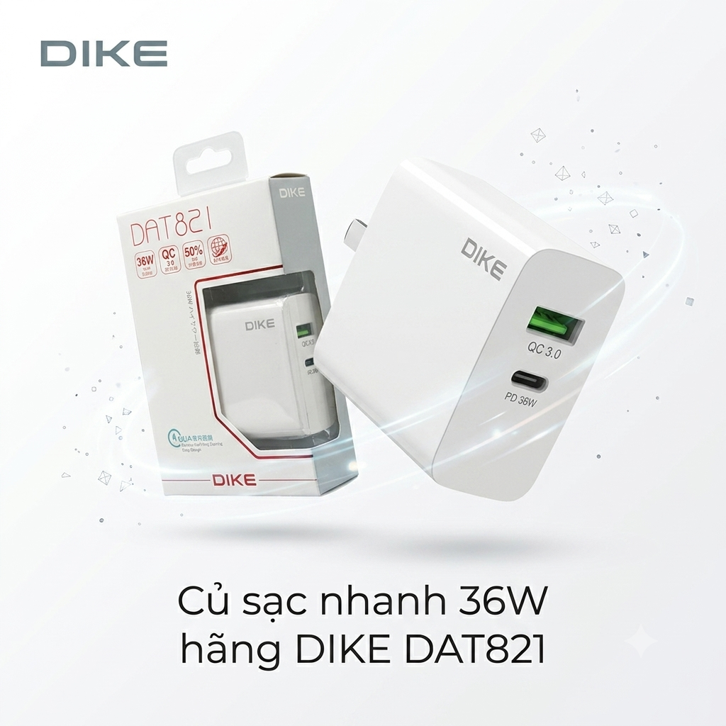 [Kho LB] Củ sạc nhanh 36W hãng DIKE DAT821, 2 cổng Type-C + USB-A QC 3.0, sạc được Macbook
