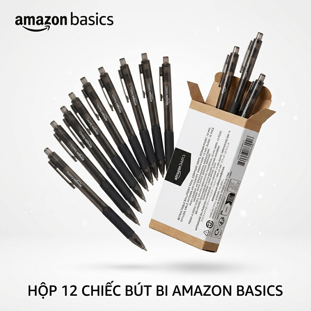 [Kho LB] Hộp 12 chiếc bút bi Amazon Basics ( Mỹ ) B09PNYMC23 - Màu đen. Viết trơn & chữ đẹp.