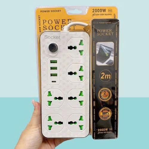 Ổ cắm điện Power Socker 2000w - 6 cổng AC + 3USB + 1type c - dài 2M