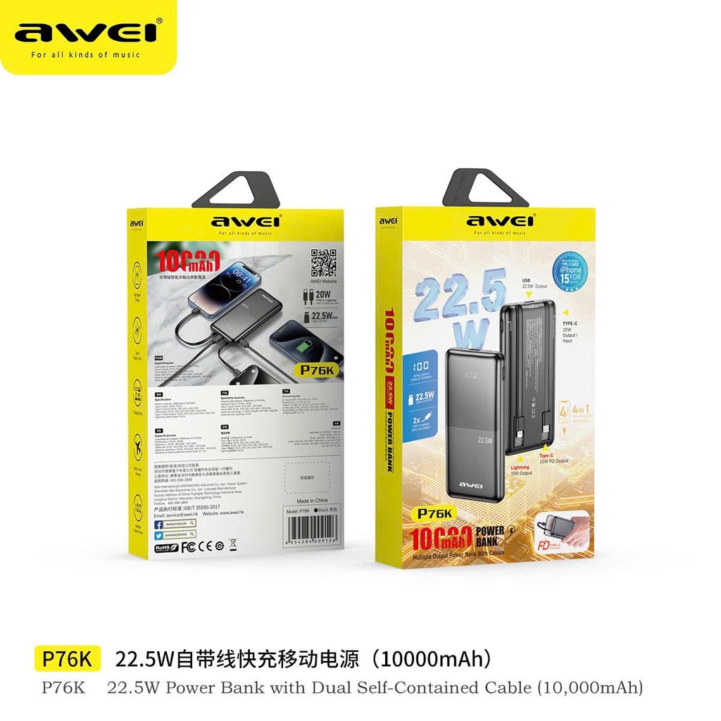 Pin Sạc Dự Phòng Awie P76K 10000mAh  – Sạc Nhanh 22.5W, kèm cáp Type C và Lingtning