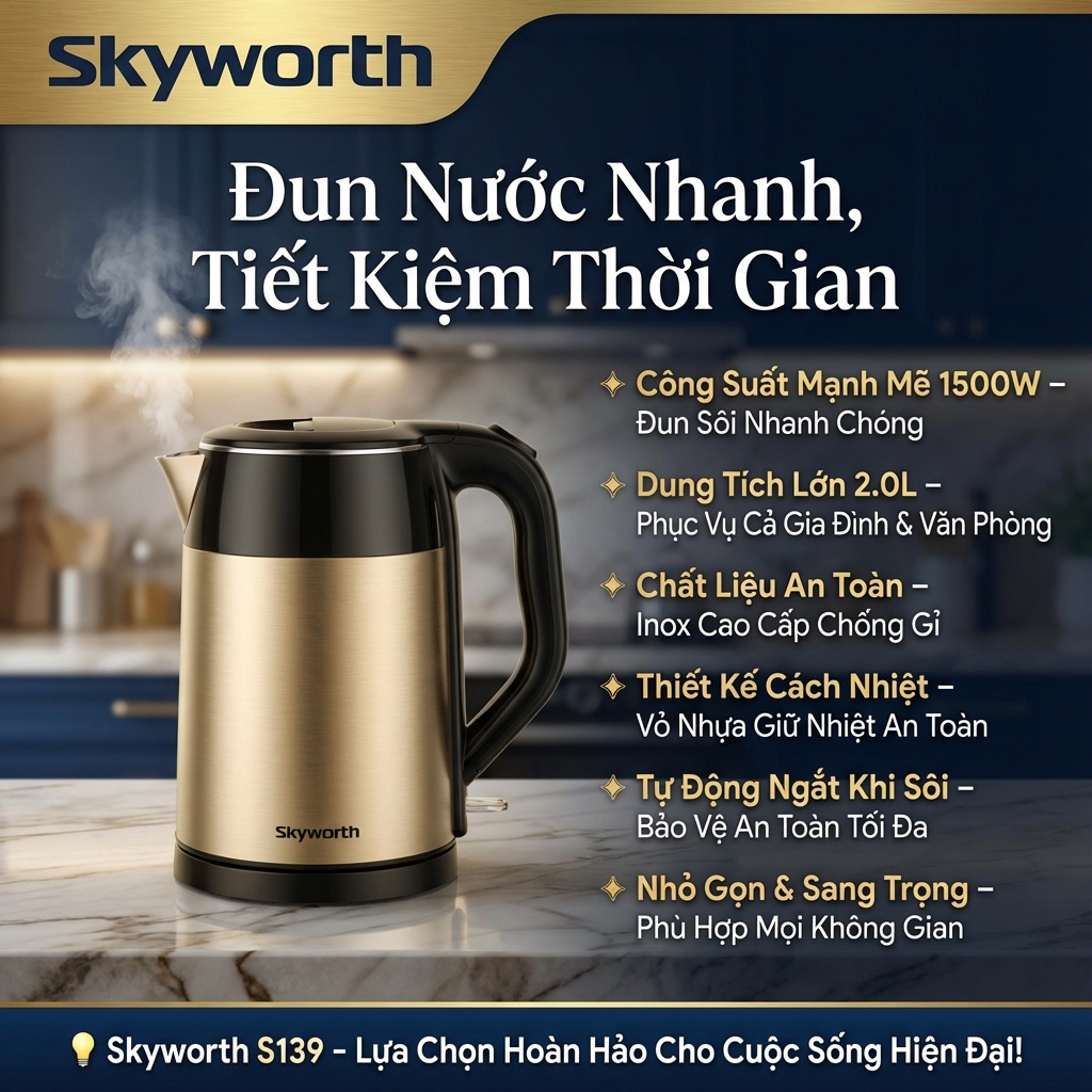 Ấm đun nước siêu tốc hãng SKYWORTH S139, dung tích 2L, ruột inox 304