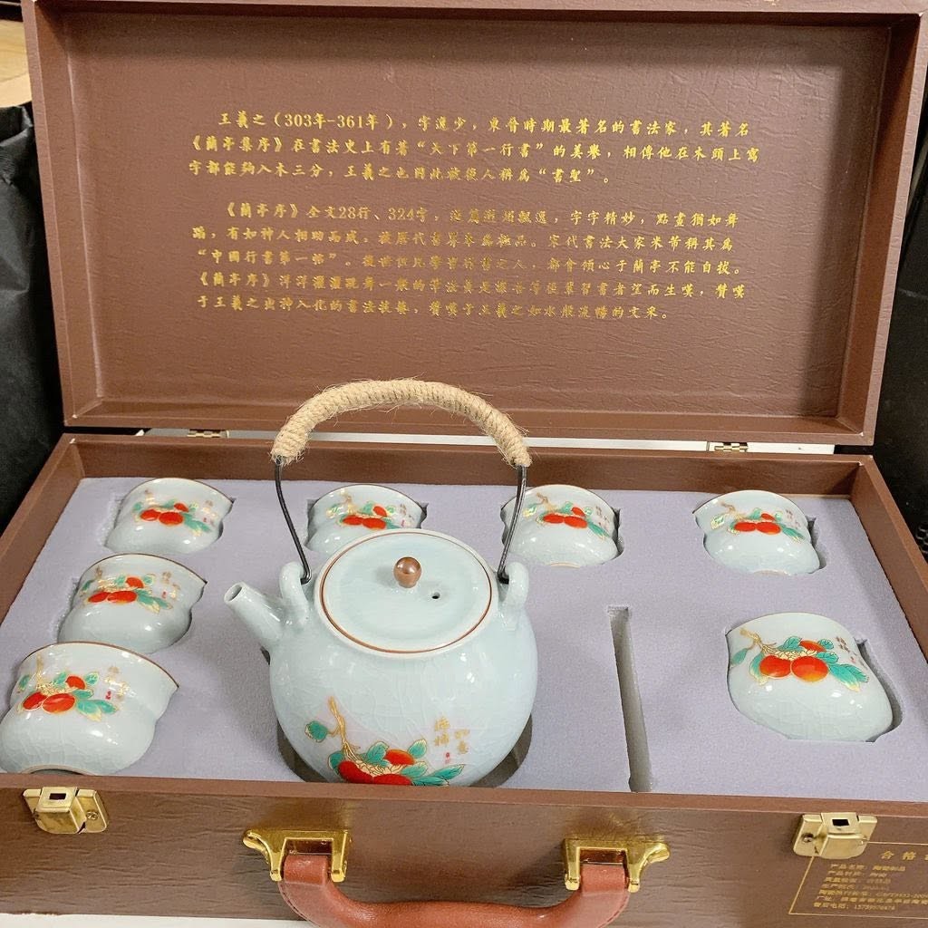 Bộ Ấm Trà Sứ Men Ngọc Băng Rạn - Họa Tiết Quả Hồng