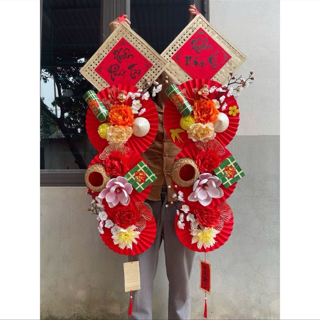 Bộ derco trang trí ngày tết bằng mẹt và quạt sz đại