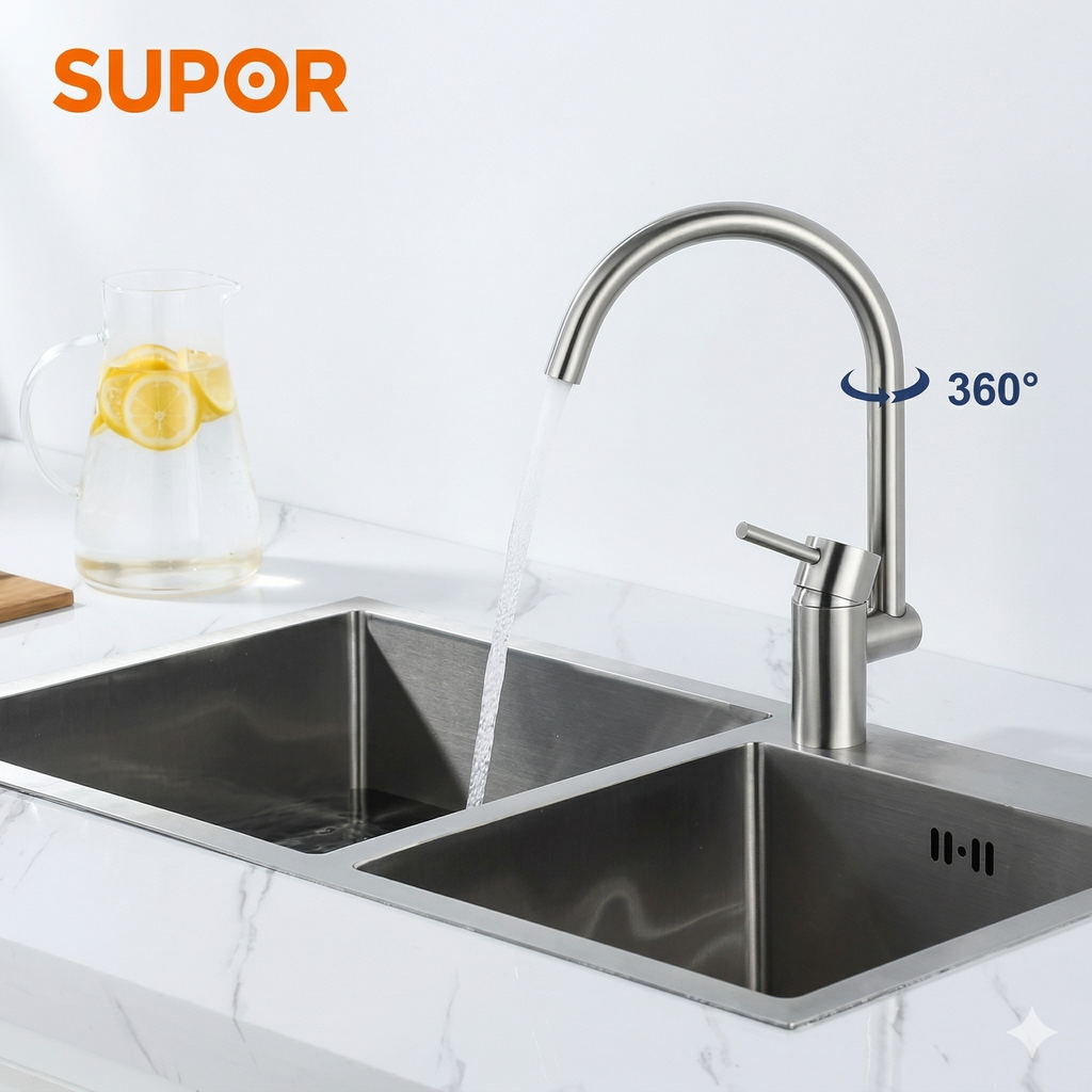 Vòi rửa bát xoay 360 độ hãng SUPOR 250607-02 có nóng lạnh,inox 304