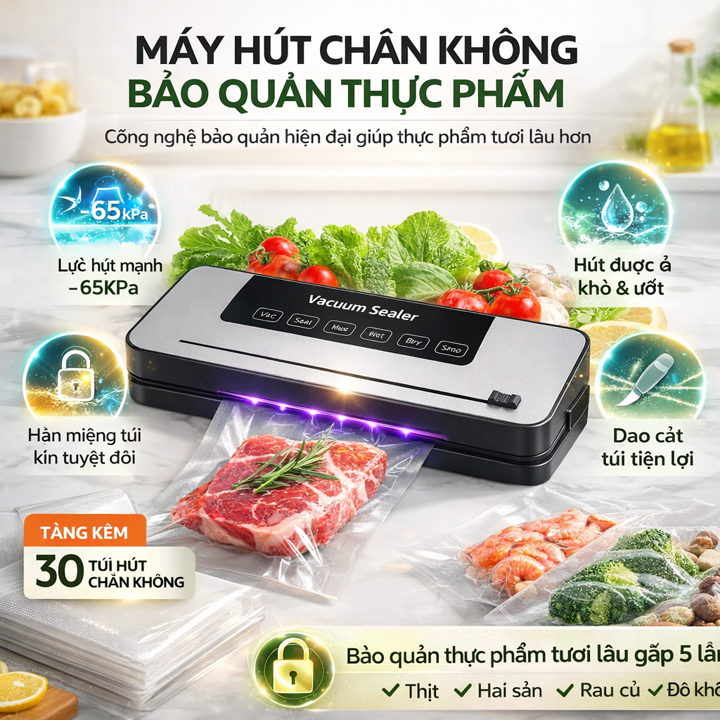 Máy Hút Chân Không Vacuum Sealer Pro Có Đèn UV Khử Trùng- Tự Hàn Miệng Túi Hút Siêu Khoẻ - Hàng Xịn