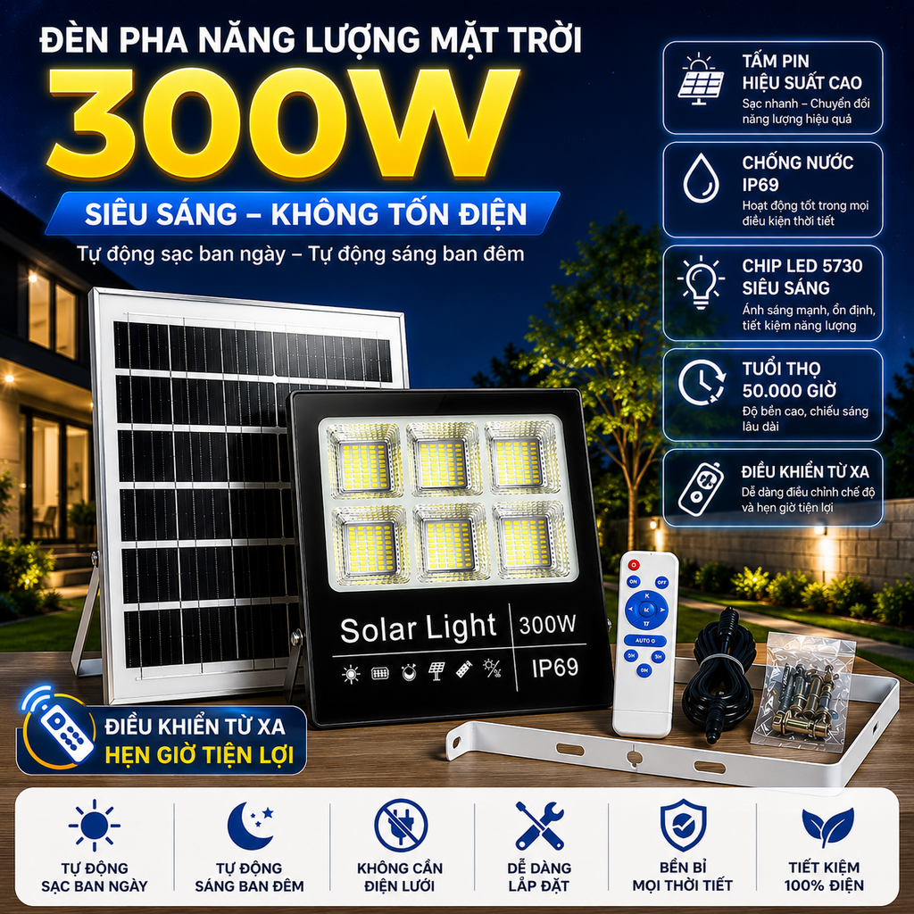 ĐÈN PHA NĂNG LƯỢNG MẶT TRỜI 300W – SIÊU SÁNG, KHÔNG TỐN ĐIỆN - IP69 - TỐI TỰ ĐỘNG CHIẾU SÁNG