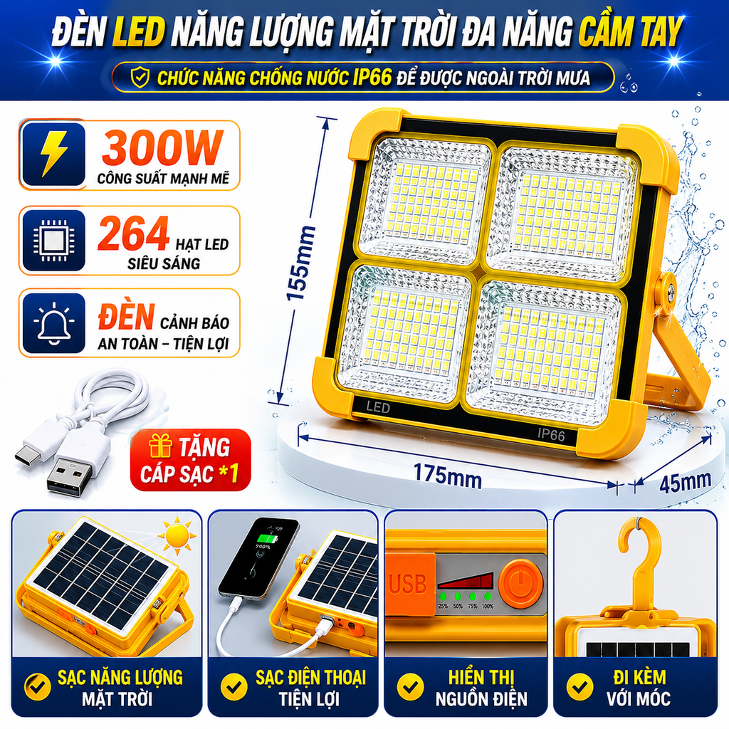 Đèn LED Năng Lượng Mặt Trời  150W- 264 LED Siêu Sáng - Chống Nước IP66 - Sạc USB Kiêm Pin Dự Phòng 