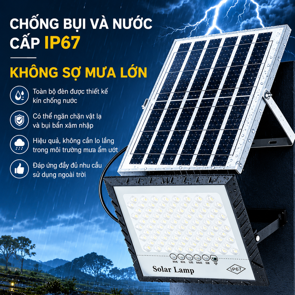 Đèn Năng Lượng Mặt Trời Chống Chói Solar IP67 – Sáng Mạnh, Không Tốn Tiền Điện, Có Điều Khiển Từ Xa