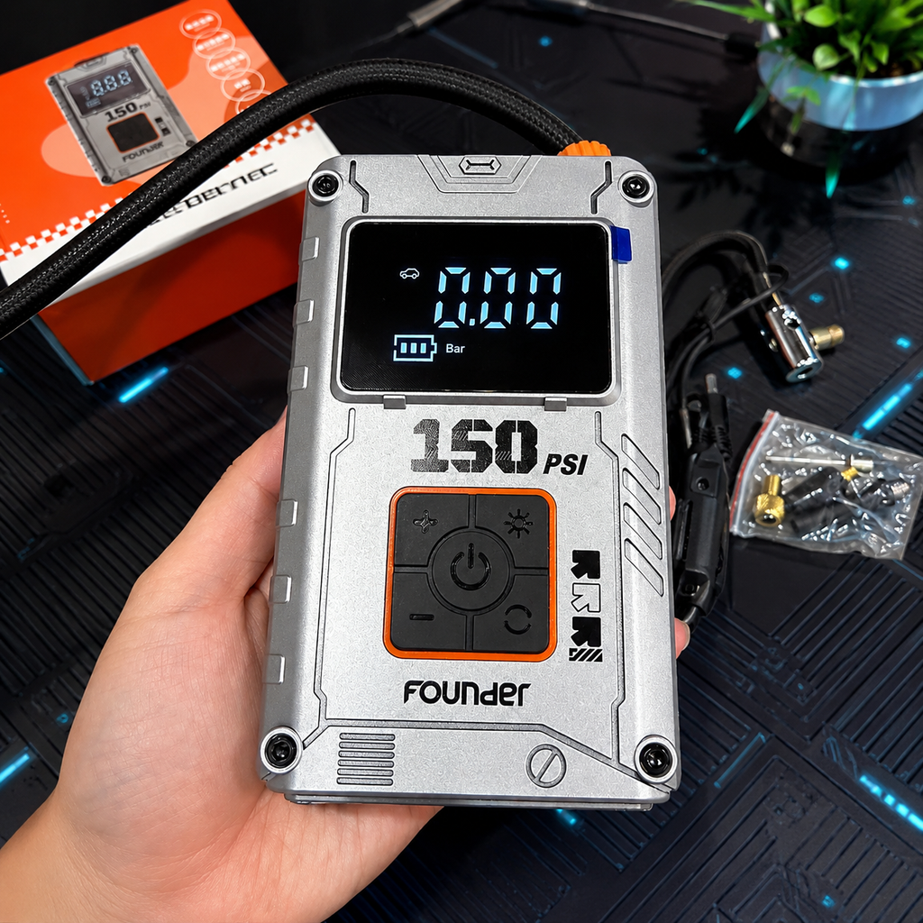 Bơm Điện Cầm Tay FOUNDER Bơm Xe Hơi Xe Máy Xe Đạp, Xi Lanh Kim Loại , Bơm 150 PSI, Lõi Pin Xịn
