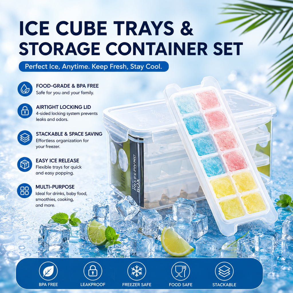 Bộ Khay Làm Đá Và Hộp Đựng Đá Marbrasse Amazon 4 Trong 1- Có Nắp Khóa Kín Khí, 3 gói / 36 Viên