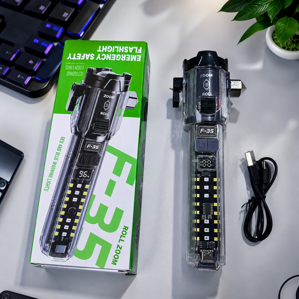 Đèn Pin LED Lazer Siêu Sáng Pin Sạc HK00171 - Phá Kính, Còi Báo Động, Sạc ĐT, Có Pha Zoom Xa Gần