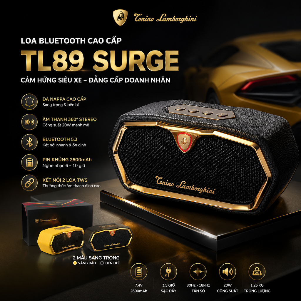 Loa Bluetooth Torino Lamborghini TL89 Da Nappa, Logo Mạ Vàng 18K, Có TWS, CS 20W  - Màu ĐEN
