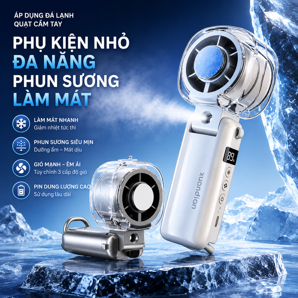 Quạt Hơi Nước Cầm Tay Kèm Sò Lạnh Xuandian 3 Trong 1- KT01975 - 199 Cấp Gió, Pin Sạc 4.000mah