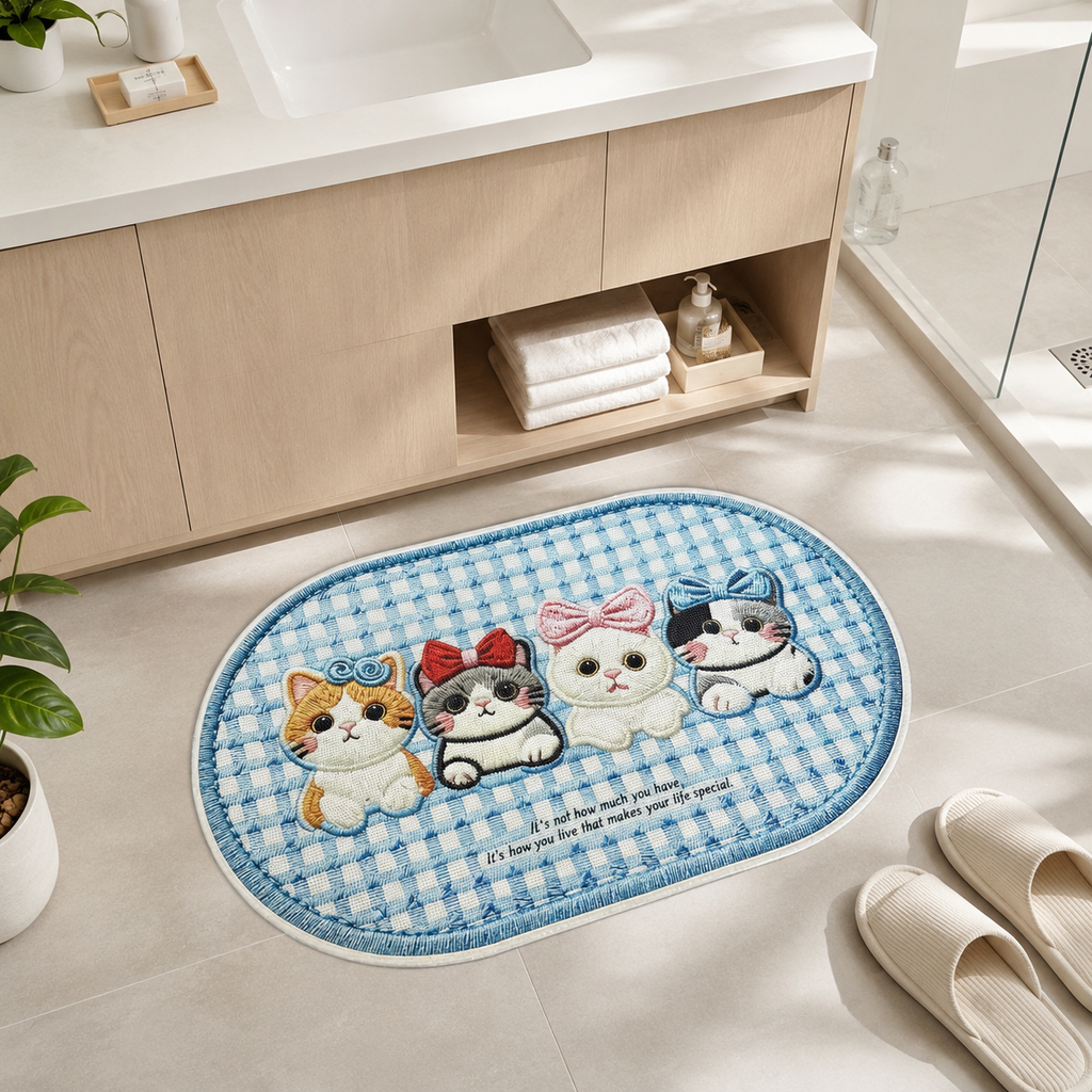 Thảm Nhà Tắm Chống Trượt Đế Cao Su BAMBOOO ECO - Họa Tiết Mèo Dễ Thương Êm Chân
