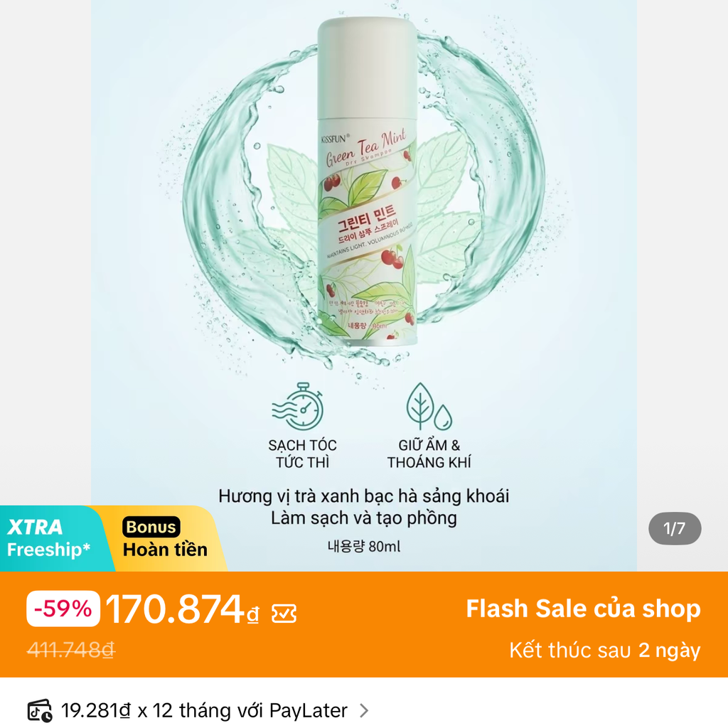 ￼Gội Khô Kissfun 80ml – Hút Dầu, Làm Sạch Tóc Nhanh, Tạo Độ Phồng & Hương Thơm Bạc Hà Trà Xanh