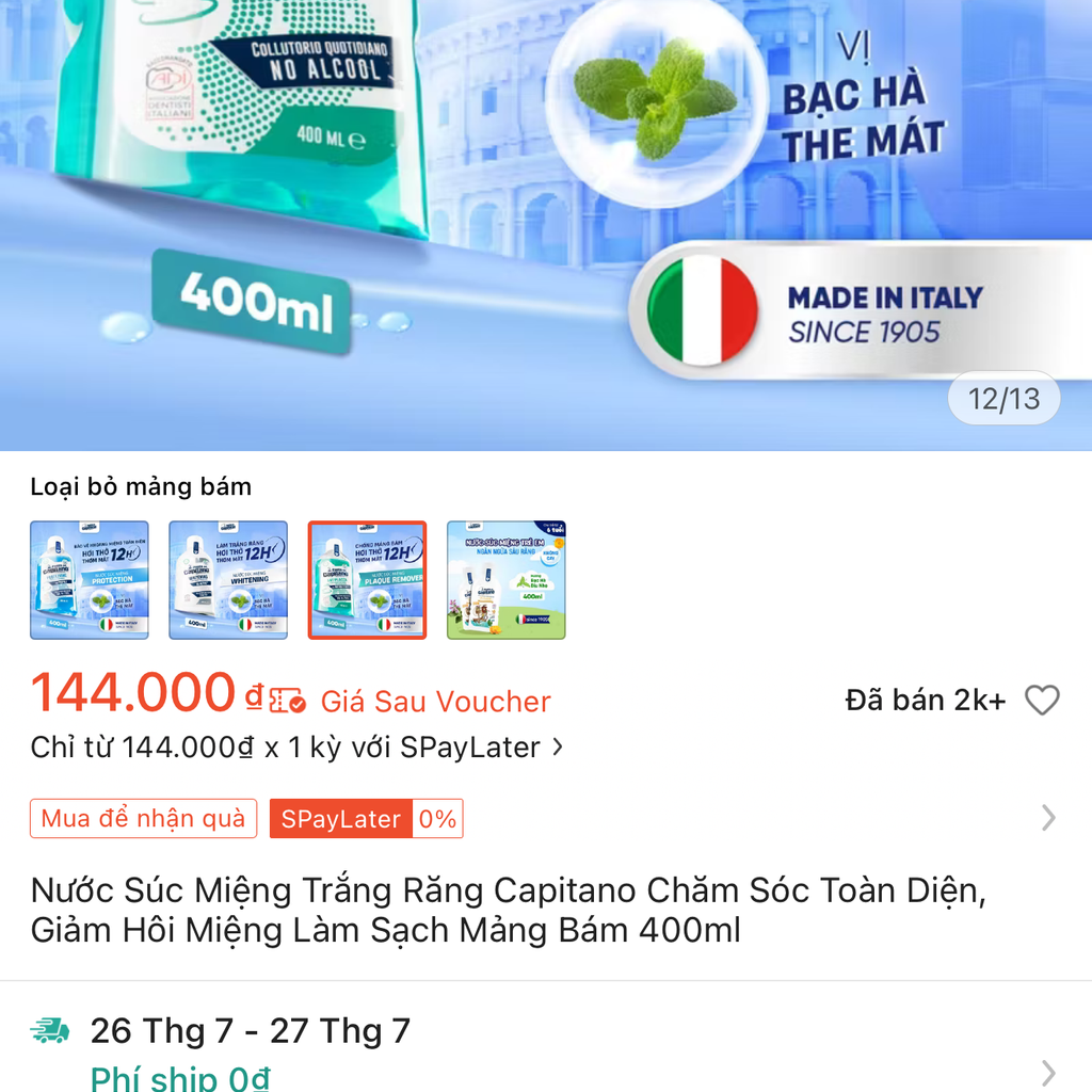 Nước Súc Miệng Trắng Răng Capitano Chăm Sóc Toàn Diện, Giảm Hôi Miệng Làm Sạch Mảng Bám 400ml