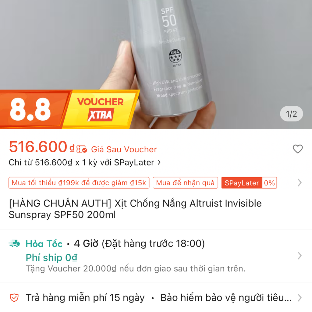 [HÀNG CHUẨN AUTH] Xịt Chống Nắng Altruist Invisible Sunspray SPF50 200ml
