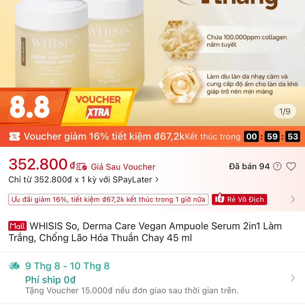 ￼WHISIS So, Derma Care Vegan Ampuole Serum 2in1 Làm Trắng, Chống Lão Hóa Thuần Chay 45 ml