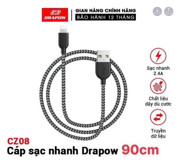 Cáp sạc dây dù iPhone - DRAPOW CZ08 siêu bền chống đứt (dài 2.7m)
