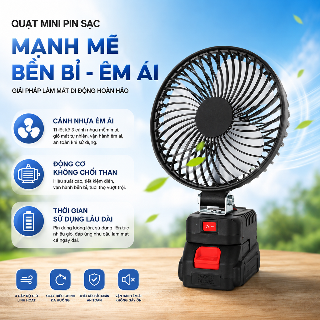 Quạt 8 icnh gắn pin 10 cell động cơ không chổi than