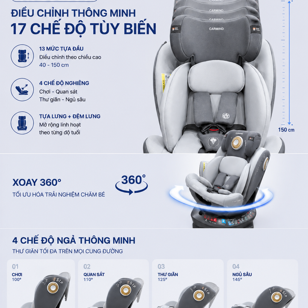 Ghế an toàn ô tô trẻ em CarMind Xoay 360°, khoá ISOFIX. Có Mũ Che + Chân Chống Lật Nhựa ABS