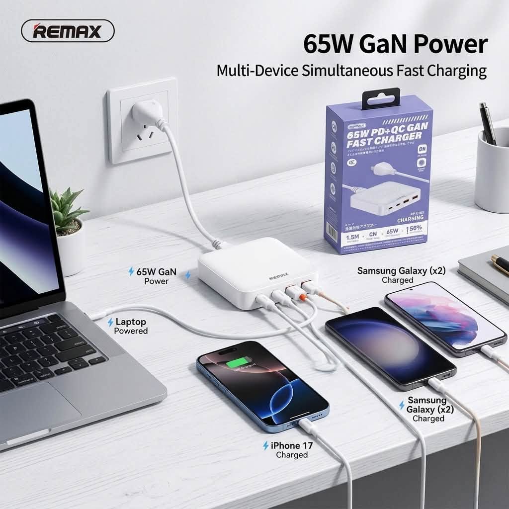 Trạm sạc nhanh 65W Remax RP-U183 công nghệ GaN, 2C + 2A , dây nguồn dài 1.5m