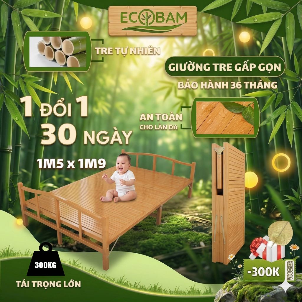 [120x 190CM] Giường Tre Gấp Gọn ECOBAM Chất Liệu Tre Tự Nhiên,Giường Tre Bà Đẻ An Toàn Cho Da