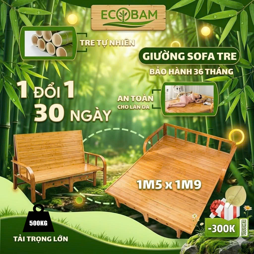 [165x 200CM] Ghế sofa giường tre chất liệu tự nhiên ECOBAM , giường tre gấp gọn thông minh