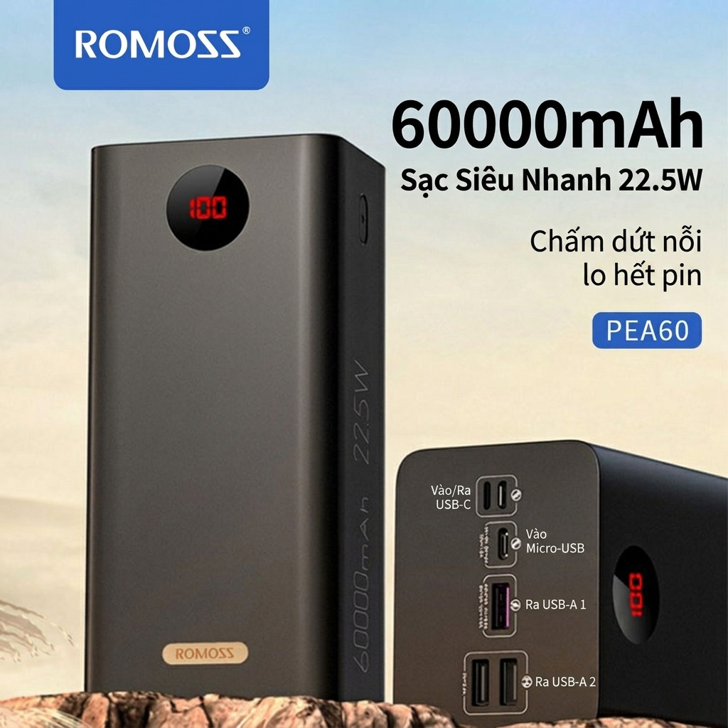 Pin dự phòng ROMOSS 60.000mAh PEA57, sạc nhanh 22.5W ( new - ko hộp)