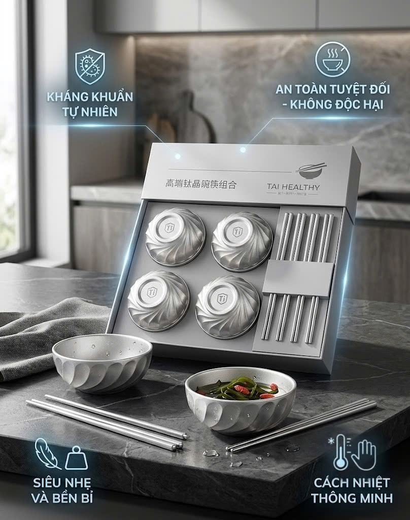 Bộ 4 Bát + 4 đôi đũa TITAN, chất liệu hợp kim mạ Titanium, Thương Hiệu TAI HEALTHY, siêu nhẹ