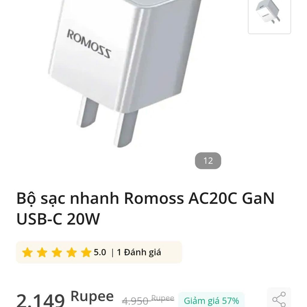 Củ sạc nhanh pd 20w mini Gan Romoss new trần