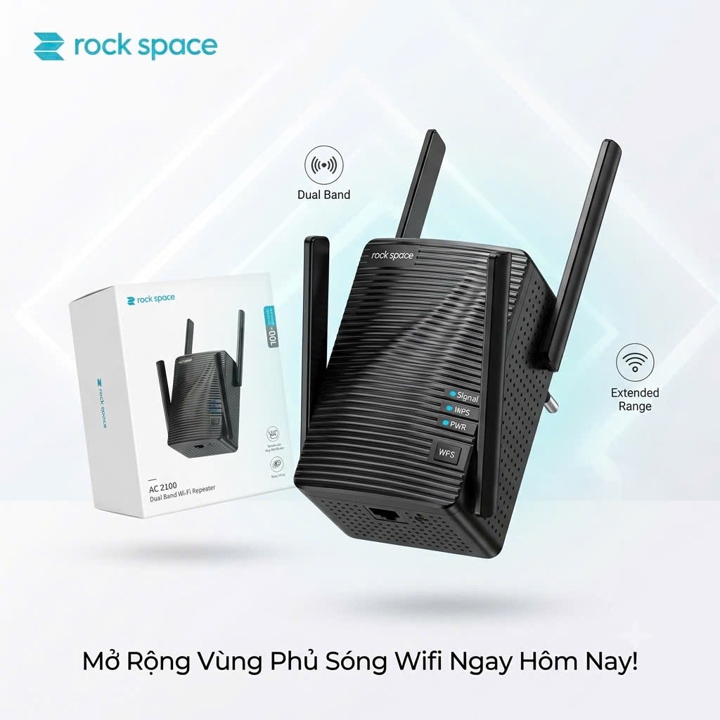 Bộ kích sóng wifi Rock space AC2100 Dual Band Wi-Fi Repeater, 2 băng tần - có cổng LAN