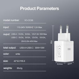 Sạc Nhanh 45W XO CE36 2 Cổng (USB-A+C), Hỗ trợ PPS,.... ( Sạc các loại điện th…