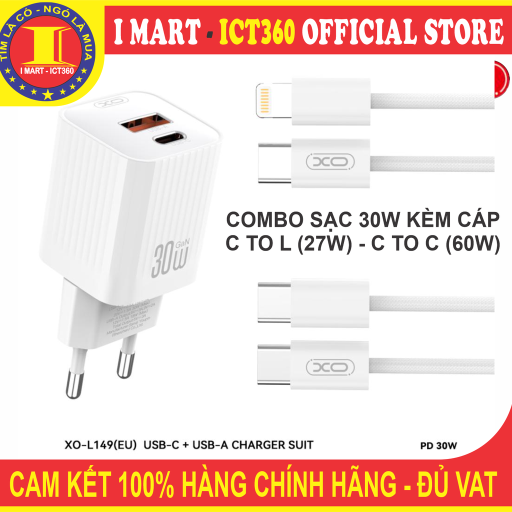 Combo Sạc 30W Kèm cáp ( C To C hoặc C To L) XO L149 (EU)