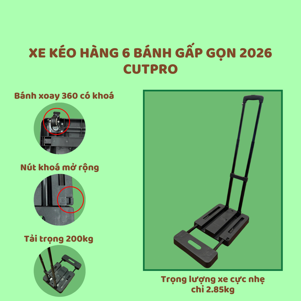 Xe kéo đẩy hàng 6 bánh gấp gọn CutPro - Bản 2026: Nhẹ hơn, thêm khóa bánh, thêm chốt mở rộng mặt sàn