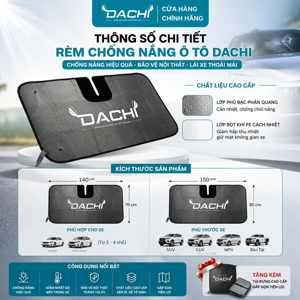 Rèm Chắn Nắng Kính Lái Trước Ô Tô DACHI Chính Hãng, loại 1 - Cấu Tạo Bọt Khí Chống UV, Giảm Nhiệt 