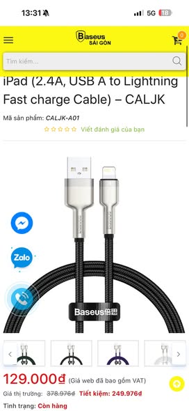 Cáp sạc iPhone Baseus Cafule Metal – USB-A to Lightning, 2.4A (30cm-1m-2m)