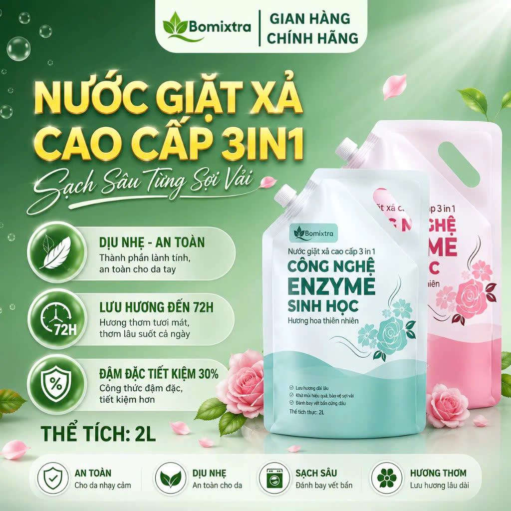 COMBO2 Túi Nước Giặt Xả 3In1 Bomixtra, Nước Giặt Cao Cấp Công Nghệ Enzyme Giặt Sạch Xả Mềm Lưu Hương