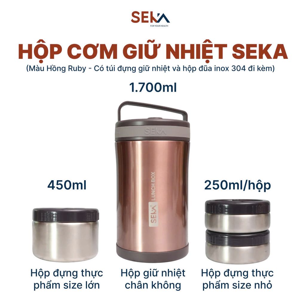 Hộp Cơm Giữ Nhiệt Inox304 SEKA 1,7L màu Hồng Ruby - SK8059