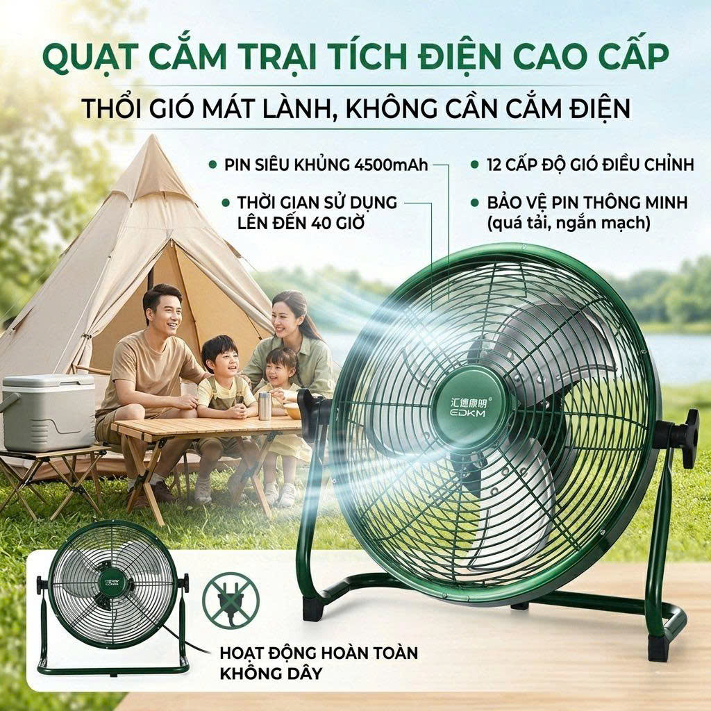 🌪️ QUẠT TÍCH ĐIỆN EDKM. lồng kim loại, 12 tốc độ gió, pin 4500mAh