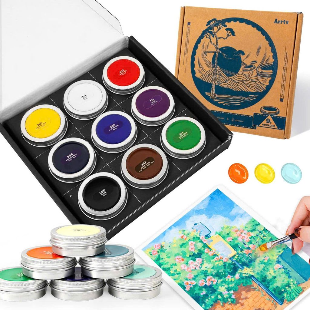 Bộ màu vẽ Gouache Arrtx ( hàng Amazon ), set 9 hũ màu, an toàn cho trẻ em