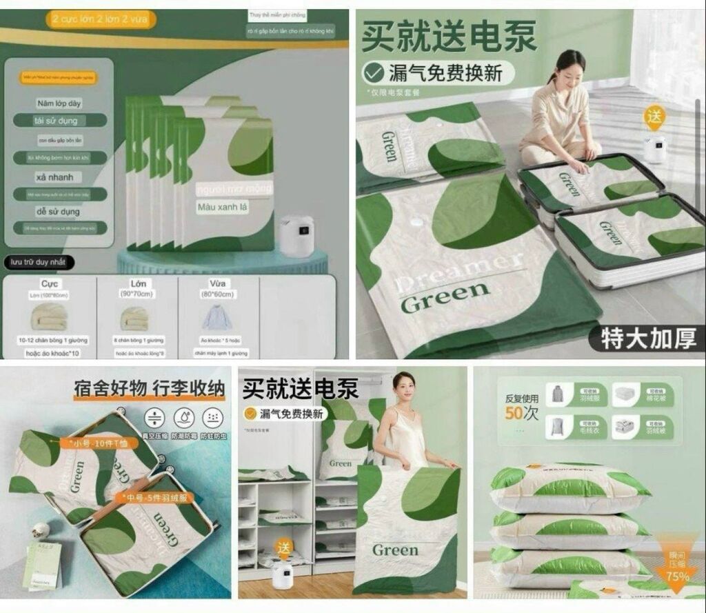 SET 6 TÚI HÚT CHÂN KHÔNG GREEN KÈM BƠM