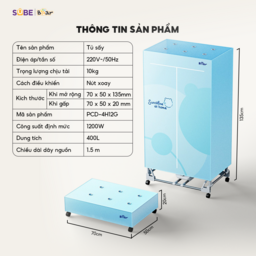 (hàng xả) Tủ sấy quần áo gấp gọn Bear PCD-4H12G, dung tích 400l, khung thép