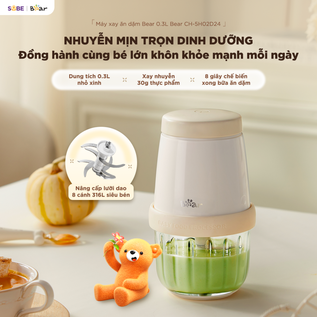 (GIÁ ĐỘC QUYỀN) Máy xay ăn dặm 8 lưỡi 0.3L Bear CH-5H02D24 (2 màu Trắng - Vàng) - Ảnh 3