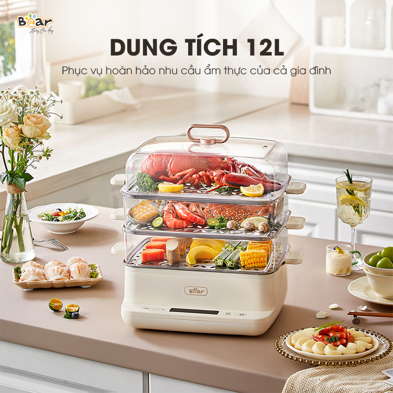 Nồi hấp Bear 3 tầng, 12L SB-NH12L