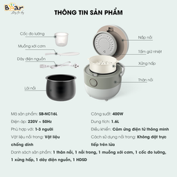 Nồi cơm điện Bear 1,6l SB-NC16L (dung tích 0,8l lòng nồi) cho 1-3 người ăn, nồ…