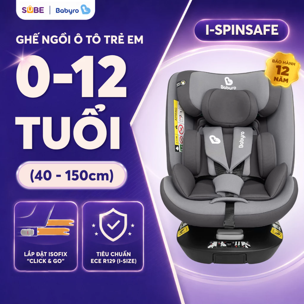 (TẶNG MÁY XAY MX20A) Ghế ô tô cho bé BABYRO I-SPINSAFE (G412I0T) xoay 360 độ c…