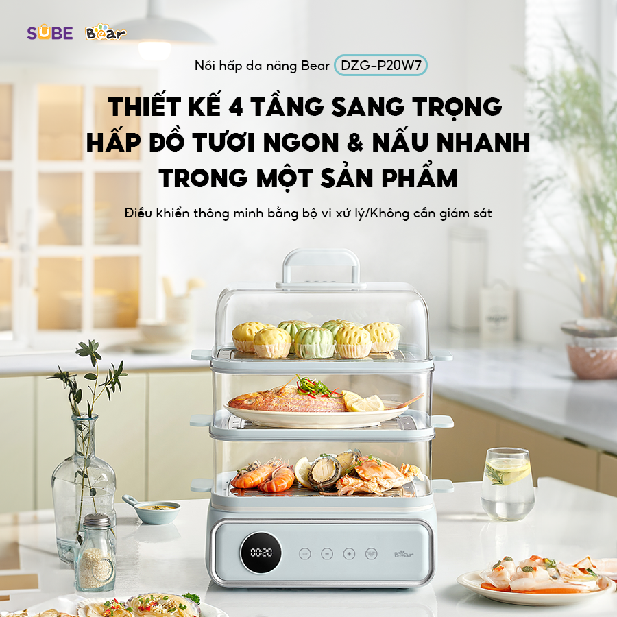 Nồi Hấp 3 Tầng Bear Dung Tích 21.5L Nồi Lẩu Điện Kèm Hấp DZG-P20W7