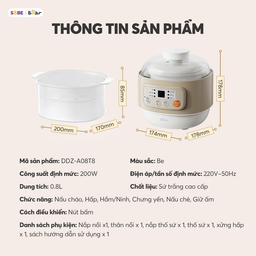 Nồi nấu chậm đa năng Bear dung tích 0,8l DDZ-A08T8, nấu cháo, chưng yến, hầm r…